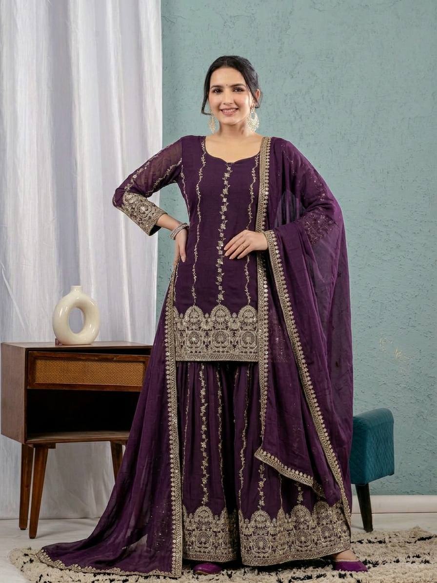 Exquisite Deep Wine Sharara Suit Set Embellished with Intricate Silver Zari Embroidery, Vertical Floral Motifs, and an Ornate Heritage Border